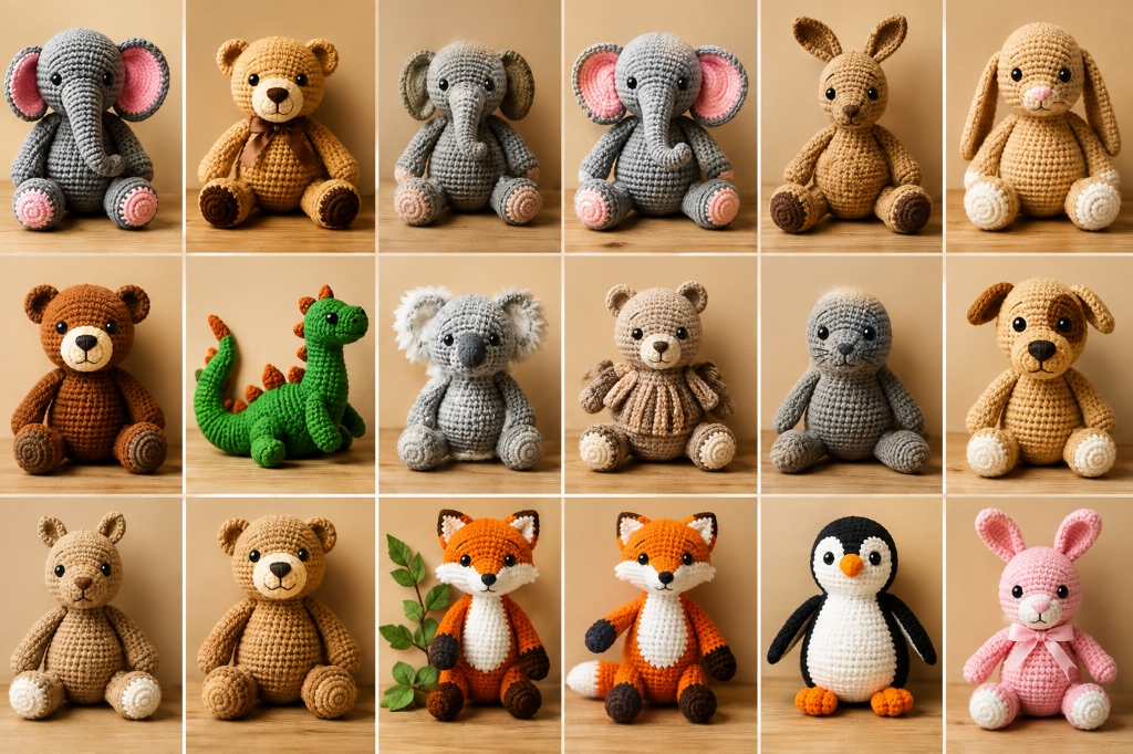 Collection of colorful handmade crochet animals crafted by Boot Camp participants