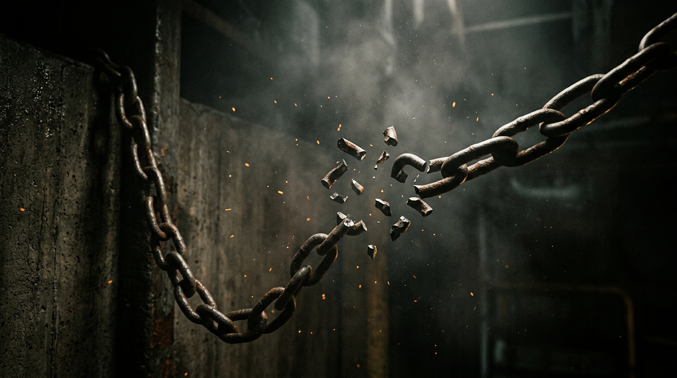 Heavy forged iron chains violently shattering apart, symbolizing the Chainbreakers breaking cycles of recidivism