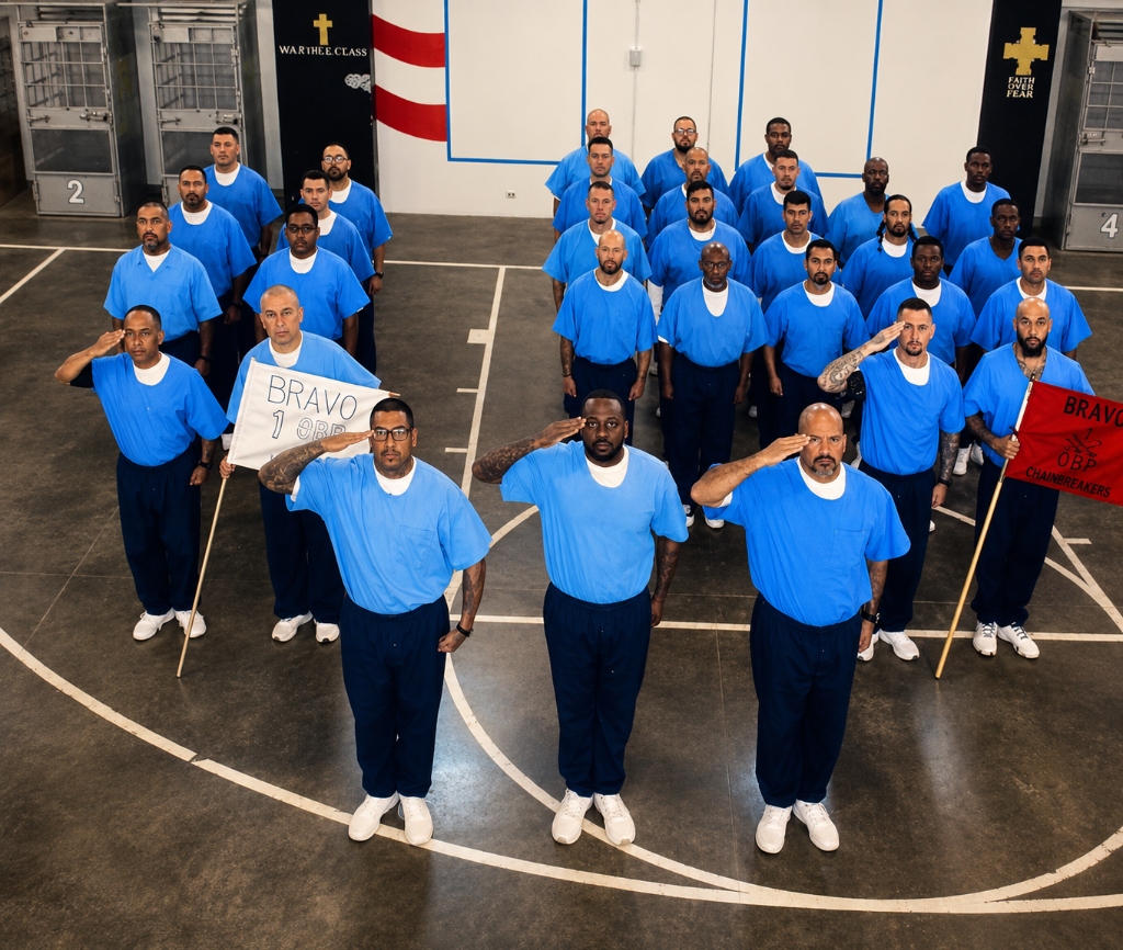 Incarcerated men in formation saluting behind the Bravo Unit guidons